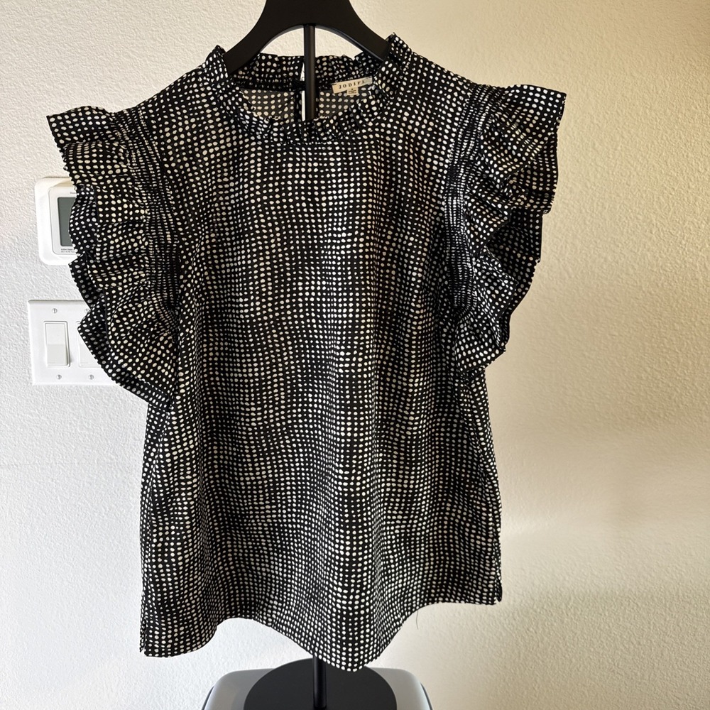 JODIFL Women's Smocked Ruffle Sleeves Top Black/White Polka Dot Size S